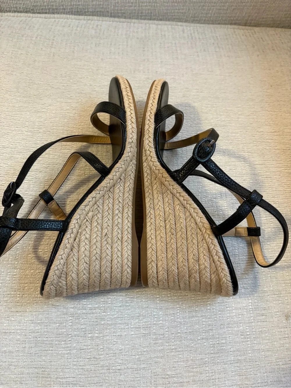 Calvin Klein Black Leather Strap Espadrille Wedges